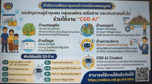 สำนักงานพัฒนาชุมชนอำเภอเมืองเพชรบูรณ์ ขอเชิญชวนผู้นำชุมชน กลุ่มองค์กร เครือข่าย และประชาชนทั่วไป ร่วมใช้งาน "CDD AI" ช่วยขับเคลื่อนงานพัฒนาชุมชนให้มีประสิทธิภาพยิ่งขึ้น ครอบคลุมทุกมิติ 